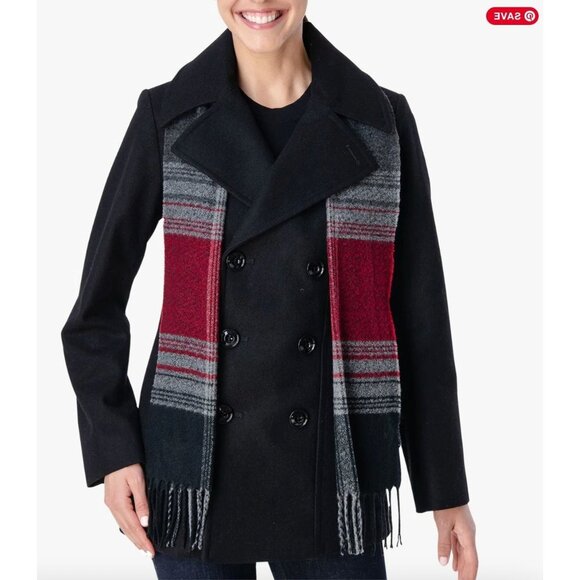 Women's London Fog Wool-Blend Charcoal Peacoat With Red & Gray Plaid Scarf - XL - Picture 1 of 6
